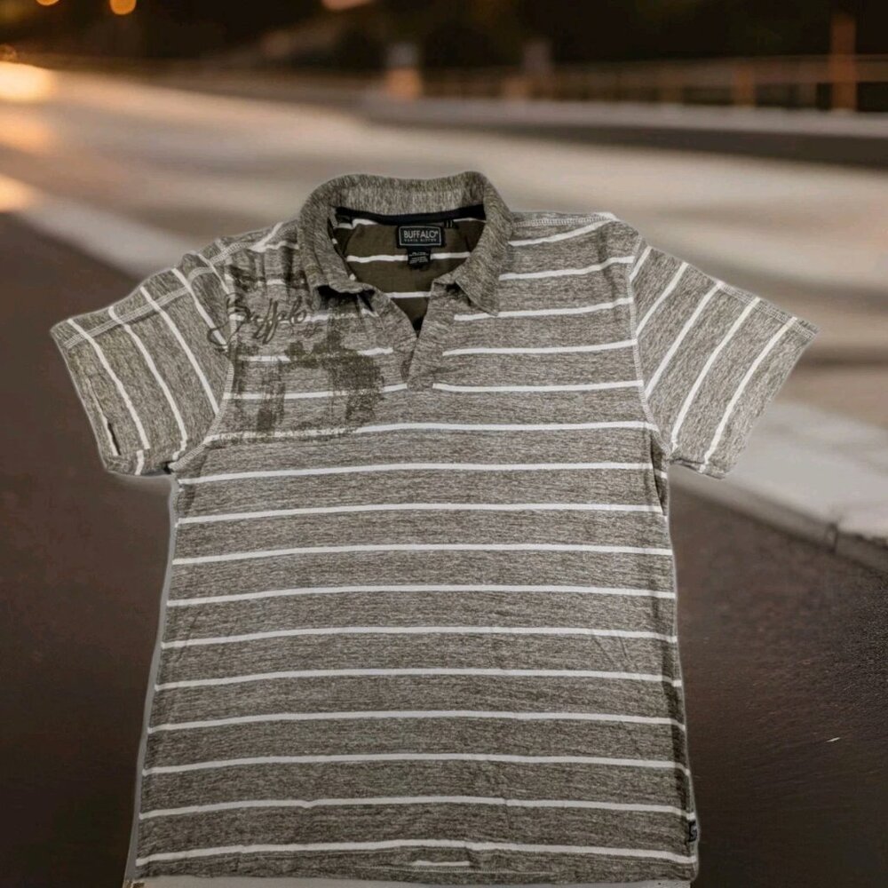 Buffalo David Bitton Men's Gray/Green White Striped Polo Shirt - Size XL